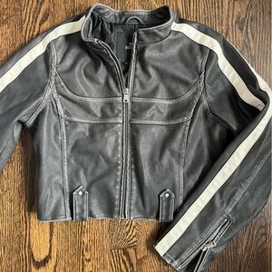 Urban Outfitters Black Leather Moto Jacket with Gray Stripes